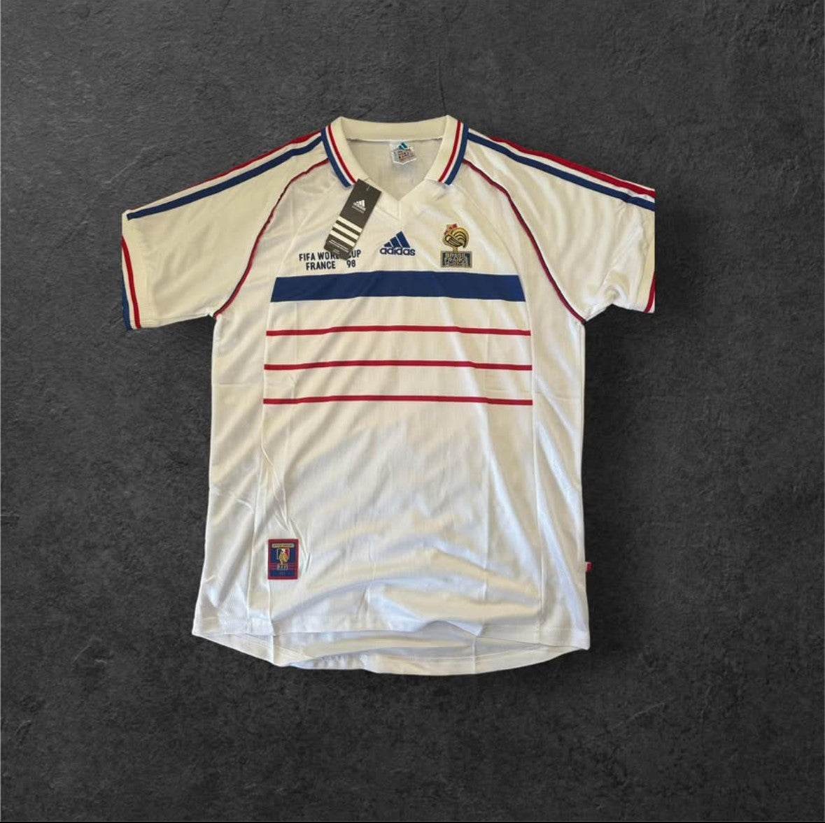 France Away 1998 Retro Soccer Jersey, blue design with French flag colors, commemorating 1998 World Cup victory.
