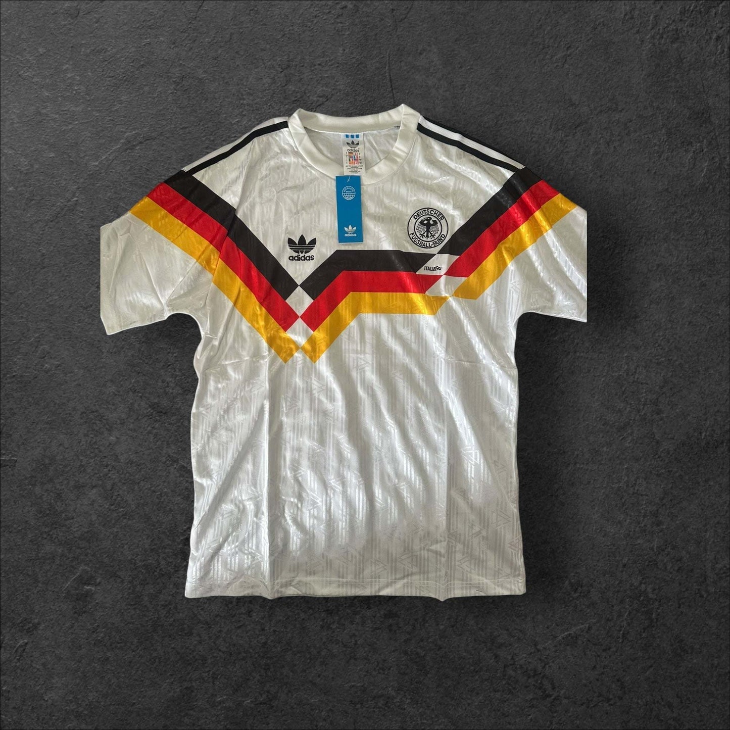 Germany Home 1988-90 Retro Soccer Jersey with black, red, and yellow geometric design.