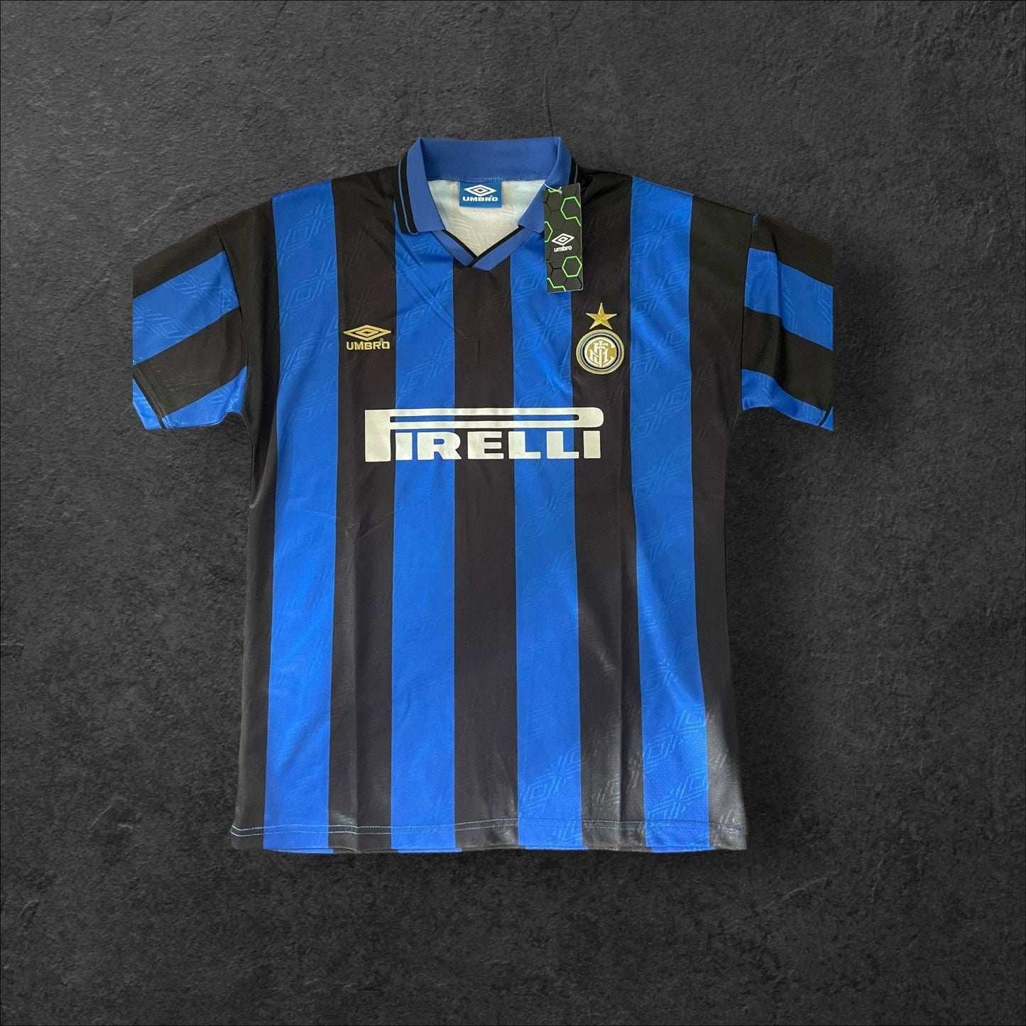 Inter Milan Home 1995-96 Jersey with black and blue stripes and Pirelli logo.
