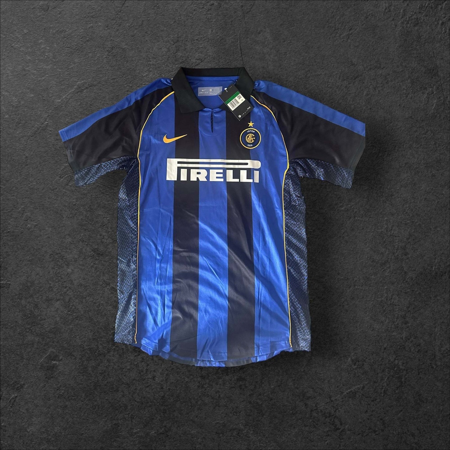 Inter Milan Home 2001-02 Jersey, blue and black stripes, homage to Ronaldo Nazário.