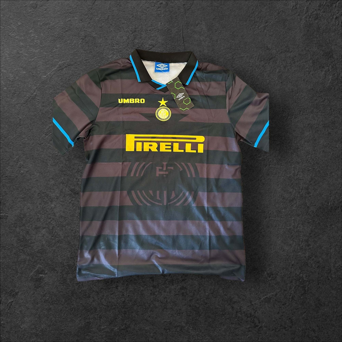 Inter Milan Third 1997-98 jersey with Pirelli sponsorship and Umbro design, showcasing bold colors and high-quality materials.