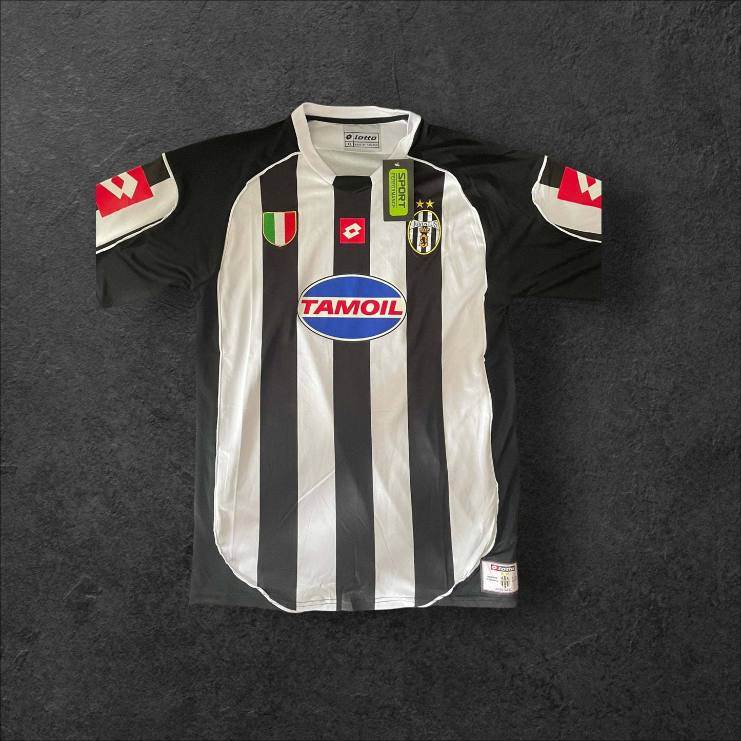 Juventus Home 2002-03 jersey with black and white stripes and Tamoil sponsorship.