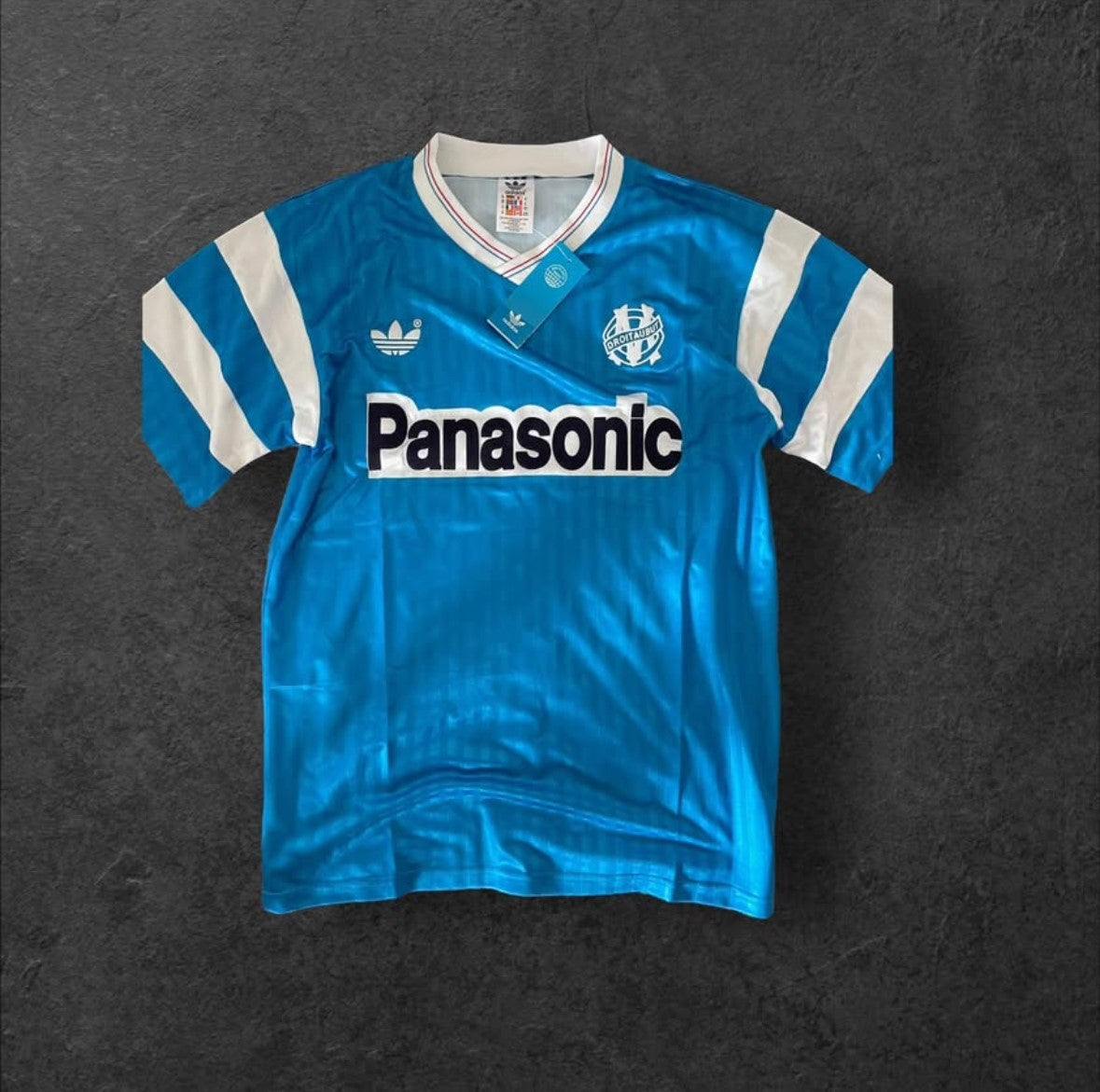 Marseille Home 1990 football jersey with Panasonic logo and blue-white colors.