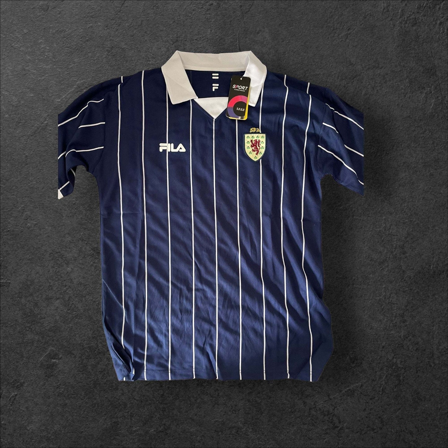 Scotland Home 2002 Retro Soccer Jersey with dark blue design and white accents.