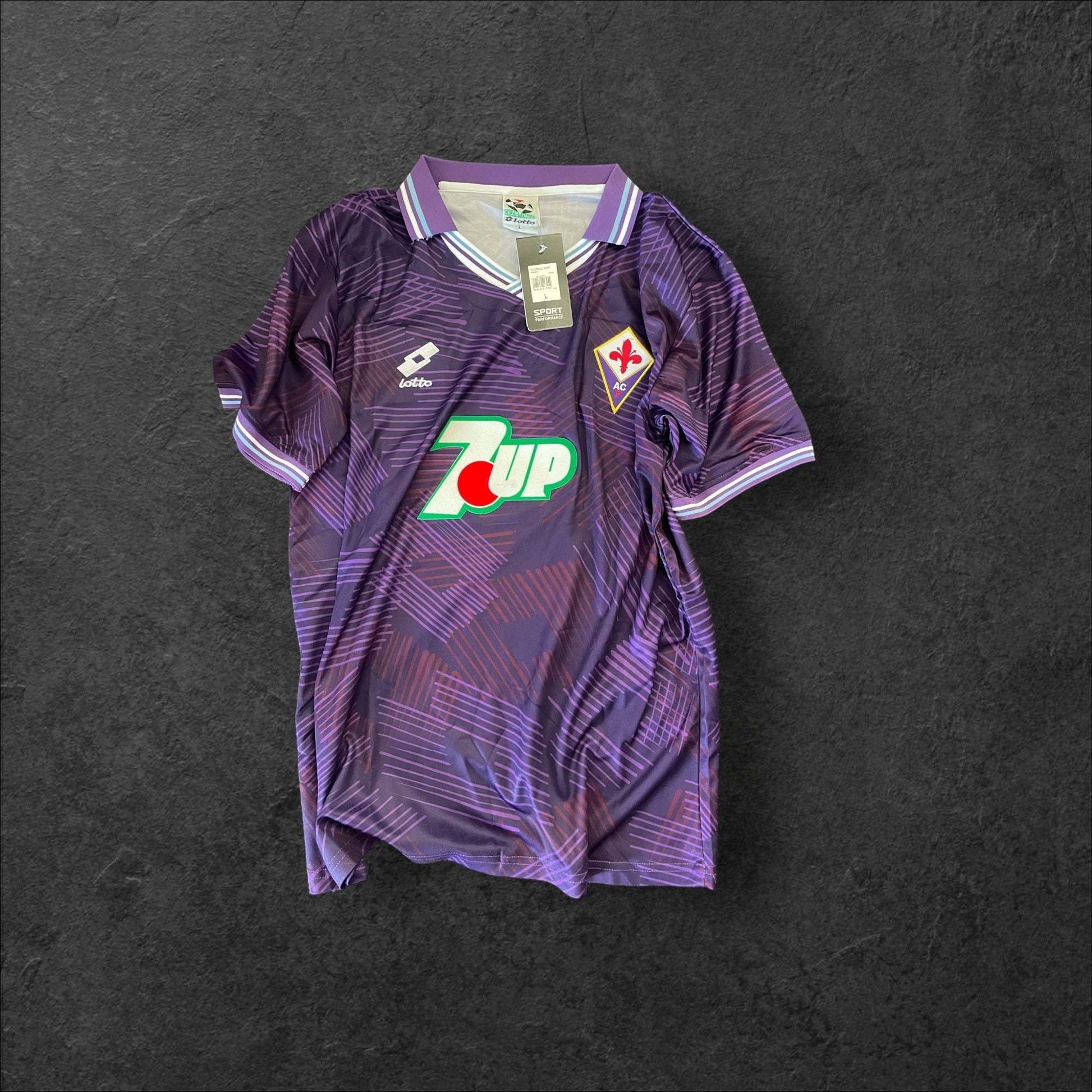 Fiorentina Home 1992-93 jersey featuring iconic purple color and 7 Up logo.
