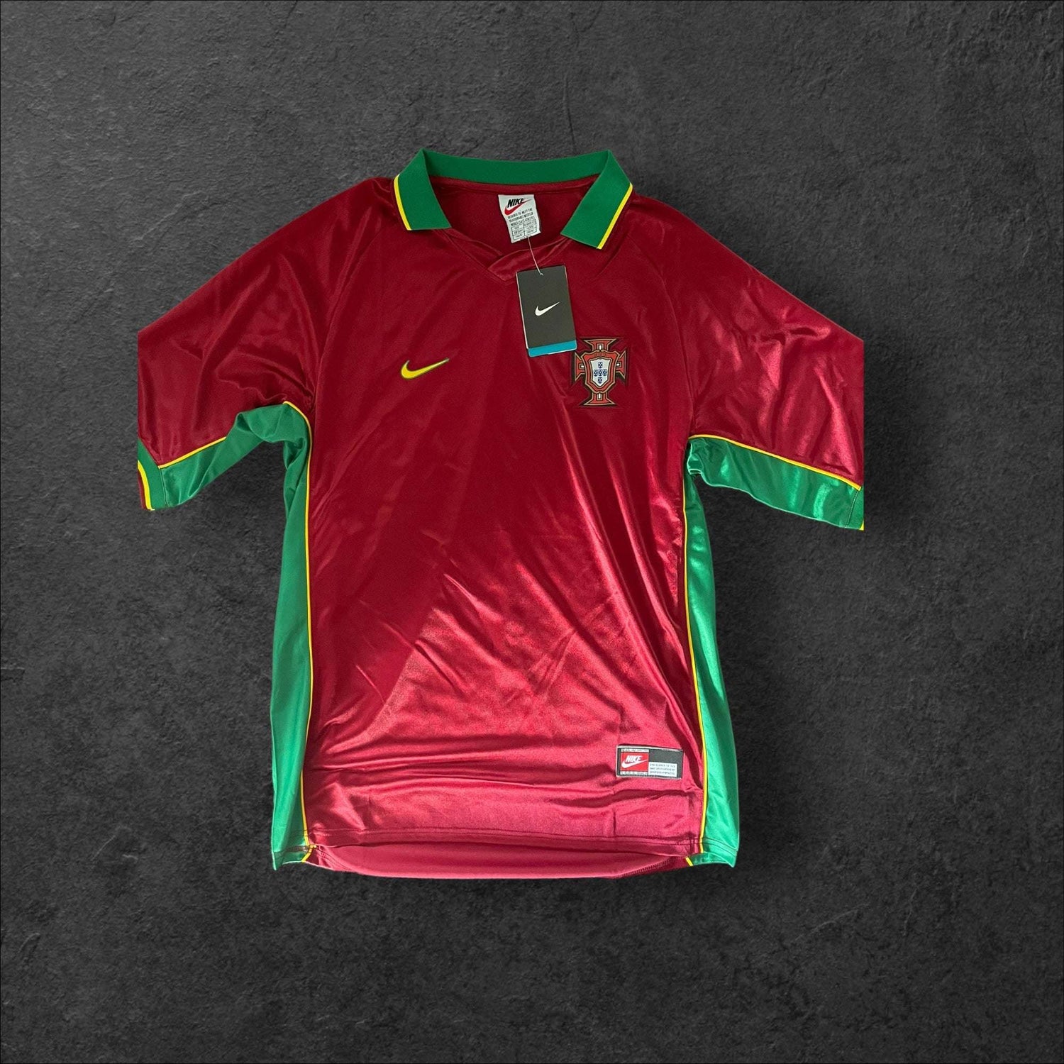 Portugal Home 1998 Retro Soccer Jersey, deep red with green accents, commemorating Portuguese football heritage.
